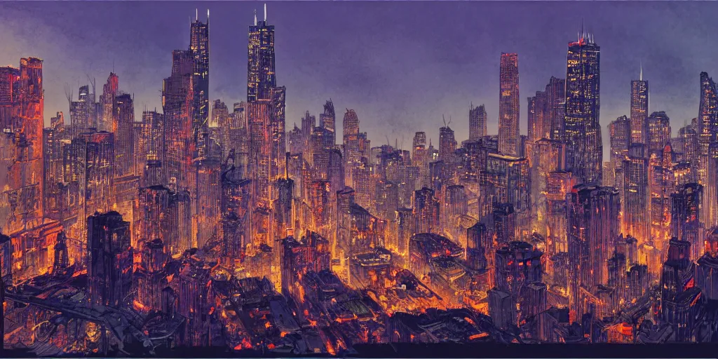 Image similar to cartoonish chicago city skyline in the night, vivid colors, character sheet, fine details, concept design, contrast, kim jung gi, greg rutkowski, watercolor, trending on artstation, 8 k, full body, turnaround, front view, back view, ultra wide angle