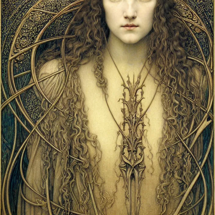 Image similar to detailed realistic beautiful young medieval queen face portrait by jean delville, gustave dore and marco mazzoni, art nouveau, symbolist, visionary, gothic, pre - raphaelite. horizontal symmetry