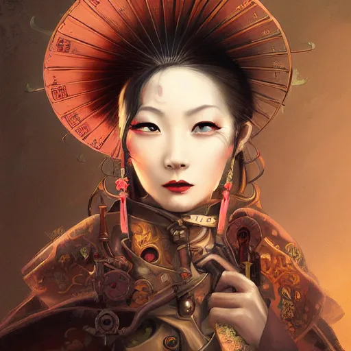 Image similar to steampunk Chinese lady with umbrella, detailed, digital painting, concept art, smooth, sharp focus, illustration, by Anato Finnstark, Tom Bagshaw, Brom