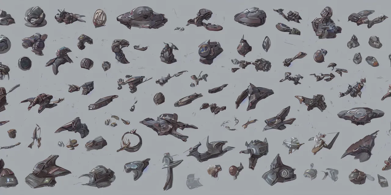 Prompt: game asset sheet, material study, 2 d sprite, spaceships