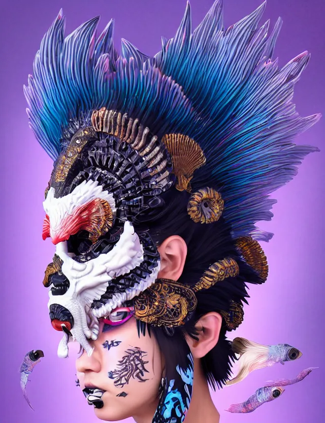 Image similar to 3 d goddess close - up profile portrait punk with mohawk with ram skull. beautiful intricately detailed japanese crow kitsune mask and clasical japanese kimono. betta fish, jellyfish phoenix, bio luminescent, plasma, ice, water, wind, creature, artwork by tooth wu and wlop and beeple and greg rutkowski