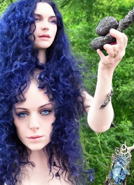 Prompt: a beautiful witch with long curly dark hair, large blue eyes holding a wand with a very large magical gemstone at the top radiating energy