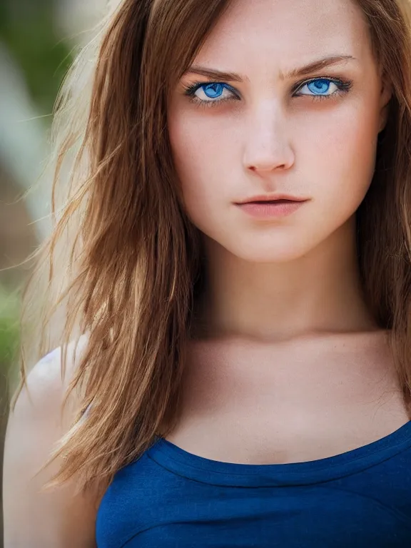 Image similar to 4K HD, high detail photograph, shot with Sigma f/ 4.2 , 250 mm sharp lens, shallow depth of field : (subject= Beautiful young woman with blue eyes + subject detail= accurate body features, consistent, high detailed light refraction , high level texture render)