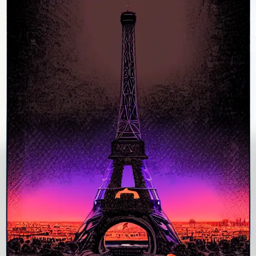 Image similar to Comic artwork of a dark futuristic version Paris in France with drones flying around the Eiffel tower