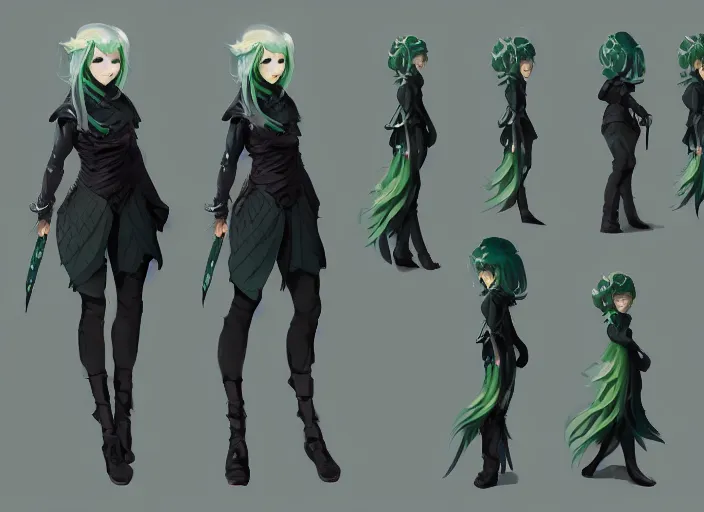 Image similar to character sheet for a beautiful and cute girl for genshin impact by greg rutkowski, black to light green fade hair, genshin impact style, sorcerer magic witch, digital art, trending on artstation, hd, 8 k, highly detailed, good lighting, beautiful, masterpiece