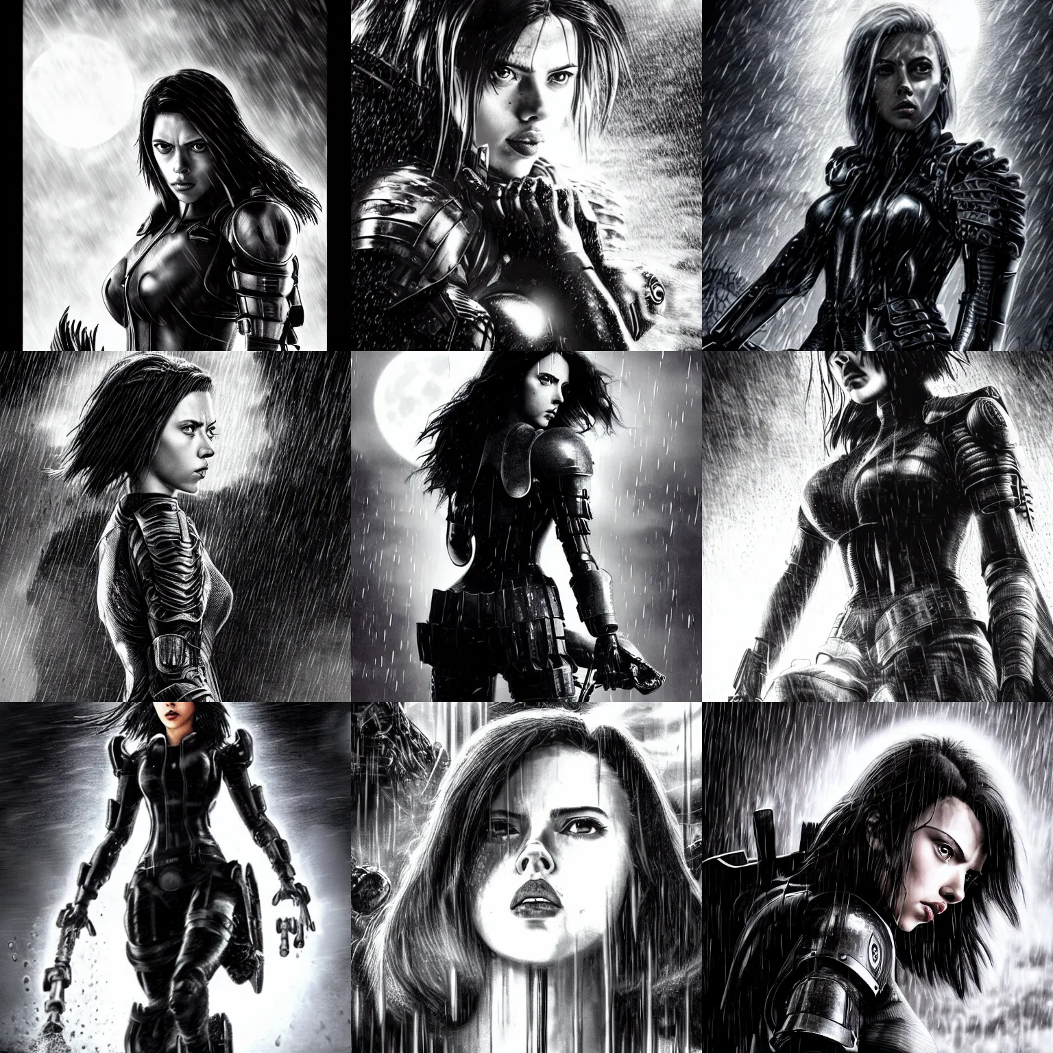 Prompt: angry scarlett johansson, wearing rain soaked armour in heavy rain, incredibly fine detailed portrait, battle angel alita, black and white, dynamic angle, pencil and ink manga, elegant, full body profile, far way and above angle camera shot, highly detailed, dramatic full moon lighting, gothic castle behind, movie cover