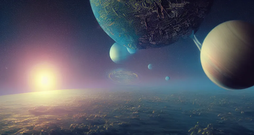 Image similar to very detailed picture of a planet on the horizon, intricate artwork by tooth wu and wlop and beeple, octane render, hyper realism, 8 k