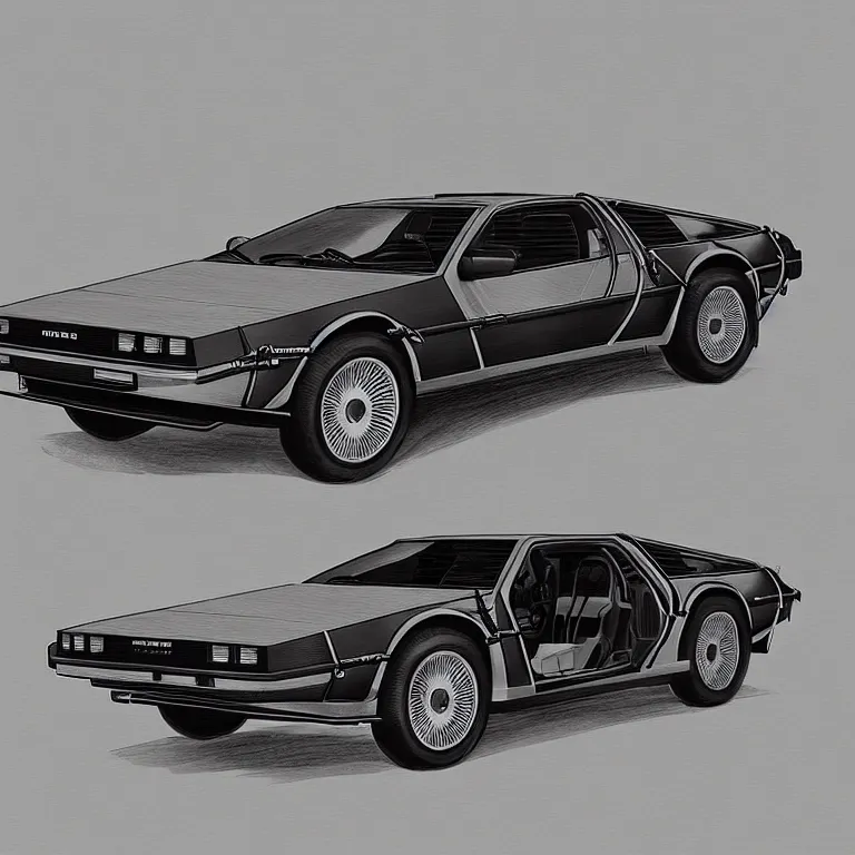 Image similar to blueprint of a single sleek concept delorean, by red dead redemption 2, by greg rutowski