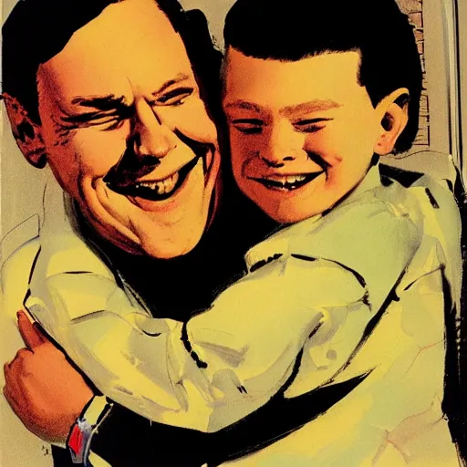 Prompt: a magazine illustration of a father hugging his seven year old boy, happy, syd mead, modern colors