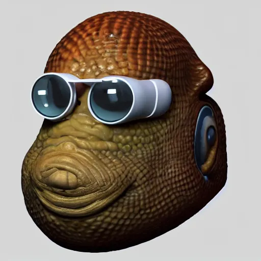 Prompt: character design portrait, of a brown scaly moist fat alien creature scientist with goggles, artstation, concept art, 3 d render,