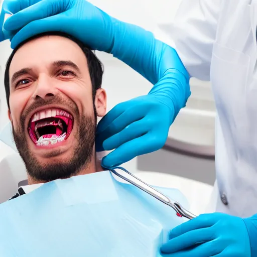 Prompt: a evil dentist preparing to pull a scared mans teeth, 4k