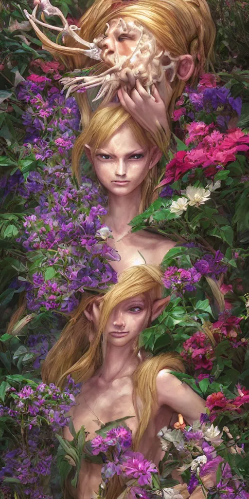 Prompt: a professional painting of the great fairy from legend of Zelda ocarina of time, long golden hair full of flowers, beautiful bone structure, symmetrical facial features, floating above a water fountain in a lush garden, , intricate, elegant, digital painting, concept art, smooth, sharp focus, illustration, from Metal Gear, by Ruan Jia and Mandy Jurgens and Artgerm and William-Adolphe Bouguereau