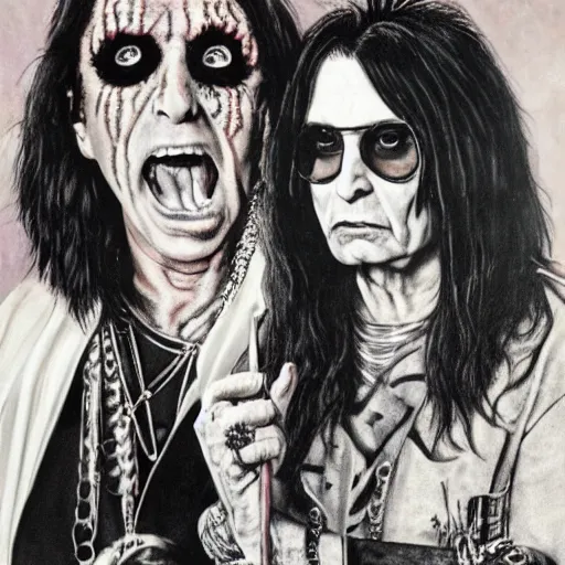 Image similar to alice cooper and ozzy osbourne in the style of american gothic