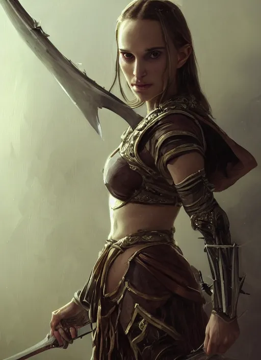 Image similar to young natalie portman, legendary warrior, warframe, lord of the rings, tattoos, decorative ornaments, battle armor, carl spitzweg, ismail inceoglu, vdragan bibin, hans thoma, greg rutkowski, alexandros pyromallis, cute, perfect face, detailed, sharply focused, centered, rule of thirds, photorealistic shading