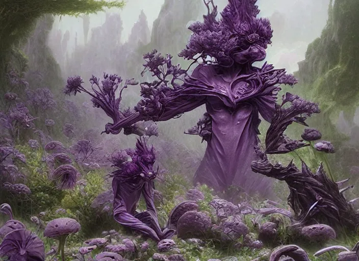 Image similar to Various purple weeds growing in a garden made of marble and crystals by Wayne Barlowe and Peter Mohrbacher, detailed, sharp, digital art, trending on Artstation