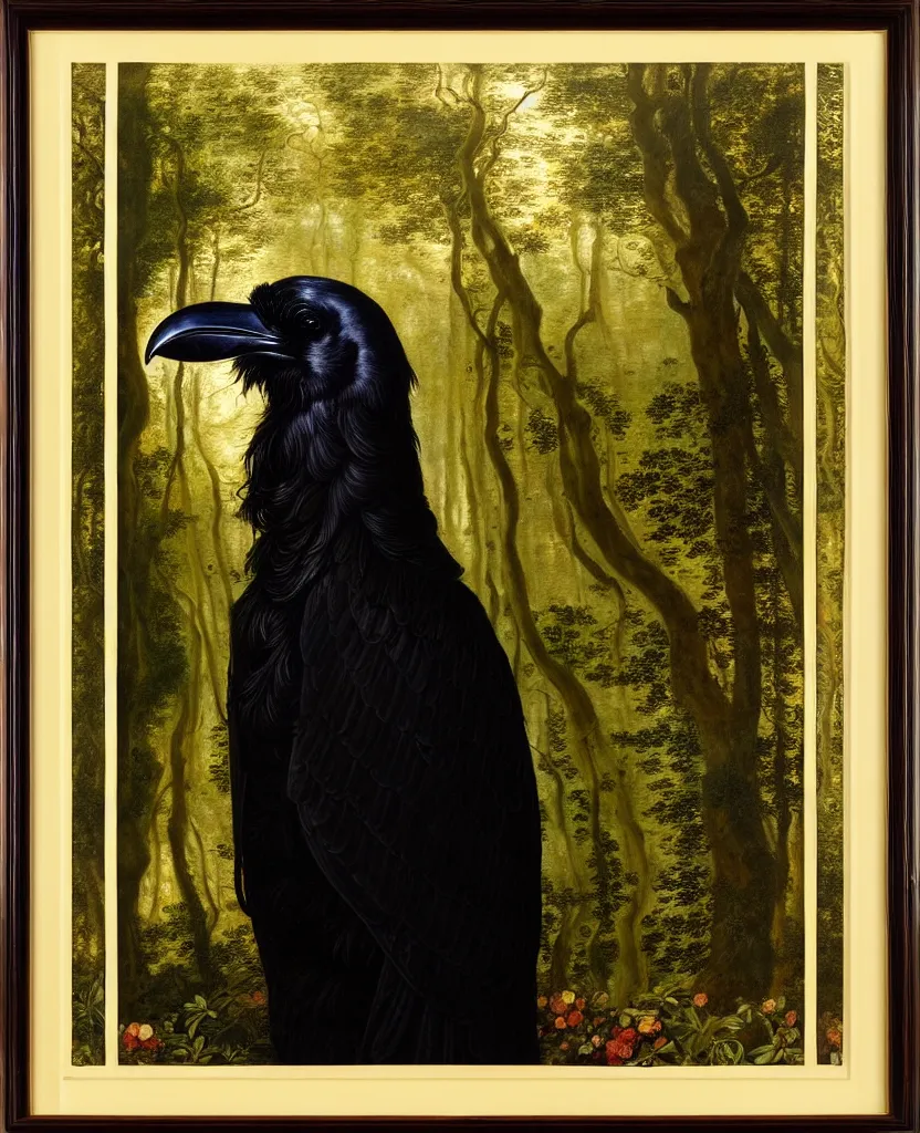 Image similar to a breathtakingly stunningly pre raphaelite beautifully highly detailed animal portrait of a majestic raven, in an forest with arch and smokey reflections, framed, by rosetti and devinci and michael cheval and sidney cooper and turner, 4 k