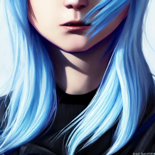 Image similar to full face shot of rimuru tempest, sky blue straight hair, long bangs, with amber eyes, wearing a black jacket, high collar, ultra detailed, concept art, award winning photography, digital painting, cinematic, wlop artstation, closeup, pixiv, evil, yoshitaka amano, andy warhol, ilya kuvshinov,