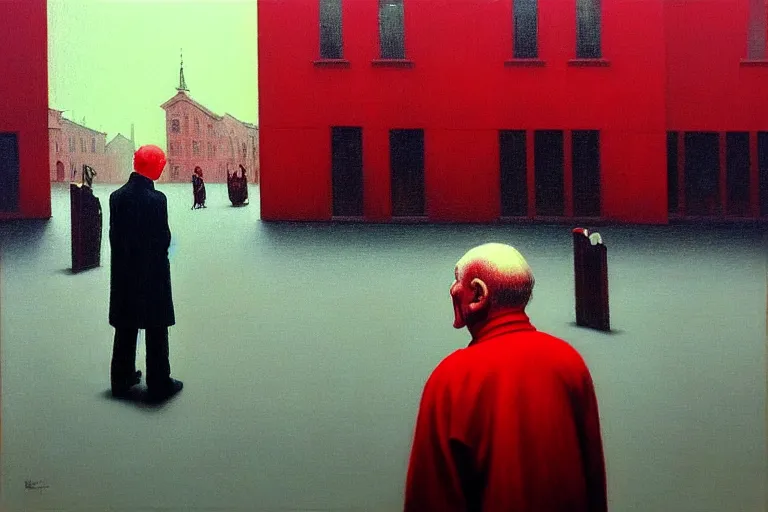 Image similar to only with red, a red old man try to sell a portrait, in a square, crowd cheers, in the style of beksinski, parts by edward hopper, parts by rodcenko, parts by yue minjun, intricate and epic composition, red by caravaggio, insanely quality, highly detailed, masterpiece, red light, artstation, 4 k