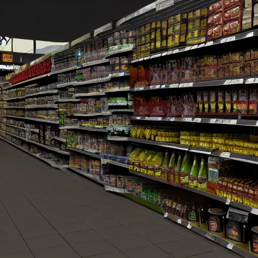 Image similar to Orc's in a dark scary supermarket in Mordor, very wide shot, shelves are full of arcane wares, tinctures, mouldy vegetables, dark coloured toiletries and animal body parts. Sauron is working on each checkout. 8k render