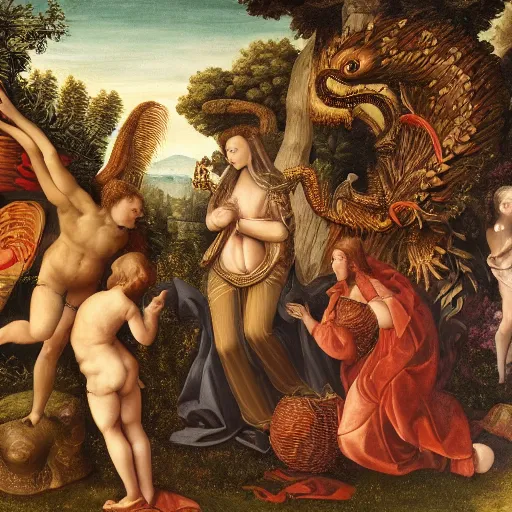 Image similar to high quality, high detail painting, renaissance, high garden scene with quetzalcoatl, hd, muted lighting