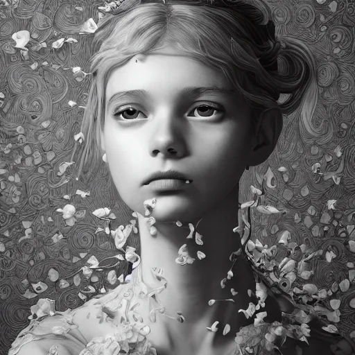 Prompt: the portrait of an absurdly beautiful, graceful, elegant, sophisticated, fashionable little girl made of pickles and white petals looking down, an ultrafine hyperdetailed illustration by kim jung gi, irakli nadar, intricate linework, bright colors, octopath traveler, final fantasy, unreal engine 5 highly rendered, global illumination, radiant light, detailed and intricate environment