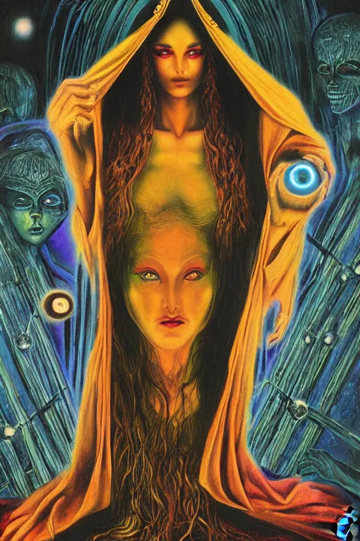 Image similar to gorgeous robed cult girl performing realism third eye ritual, dark theme night time, expanding energy into waves into the ethos, epic surrealism 8k oil painting, portrait, depth of field, perspective, high definition, post modernist layering, by Ernst Fuchs, Gerald Brom