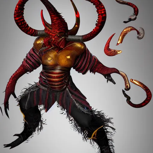 Prompt: dnd render of a male tiefling, red scales, a big black beard, completely golden eyes, 1 curved horn growing out of his forehead, one broken horn growing out of his forehead,