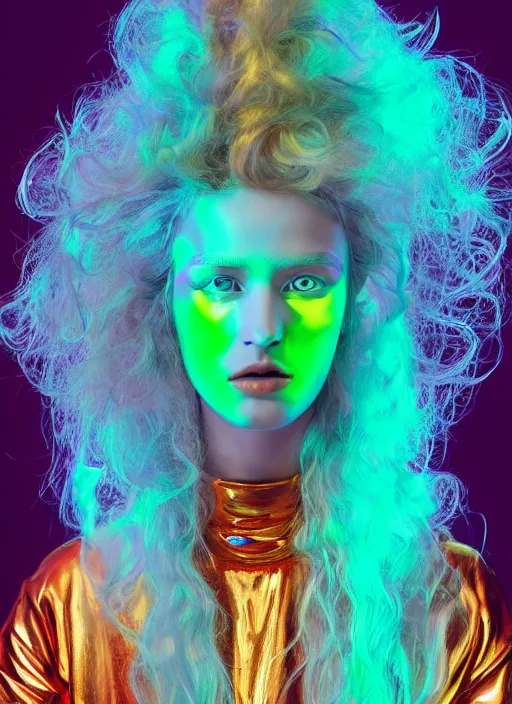 Prompt: vertical photo of polish female in chromatic futuristic suit, blonde, curly hair, symmetrical beautiful face, cyberpunk, native costume, standing in the alit room, prismatic neon, fashion editorial photography, hyperrealistic, from vogue magazine, reflections, refraction, gold, teal, orange