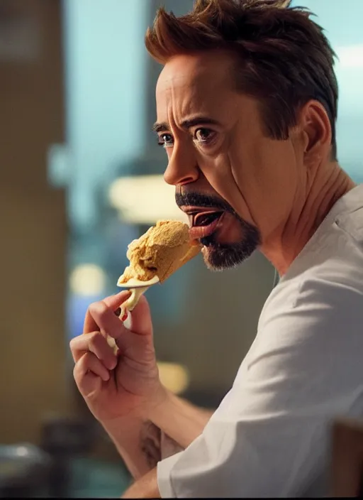 Image similar to a full portrait photo of robert downey jr eating ice cream in movie iron man, f / 2 2, 3 5 mm, 2 7 0 0 k, lighting, perfect faces, award winning photography.