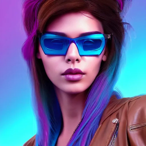 Prompt: closeup painting of a very beautiful young mexican cyberpunk woman with a smirk, wearing light blue venetian blind shades and a purple coloured leather jacket, one side haircut, long brown hair with light blue ends, portrait, hyperdetailed, artstation, cgsociety, 8 k, synthwave image