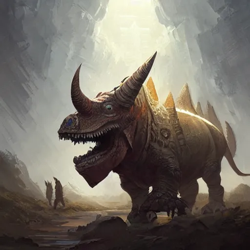 Prompt: triceratops with aztec headdress, greg rutkowski, digital illustration, concept art, dnd, face, fantasy, intricate, elegant, highly detailed, digital painting, artstation, full body, long shot, cinematic lighting