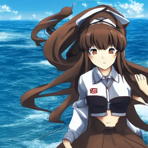 Prompt: Kantai Collection battleship Kongou standing in the middle of the ocean anime Wallpaper , shipgirls , anime ,manga , absurdres, brown hair