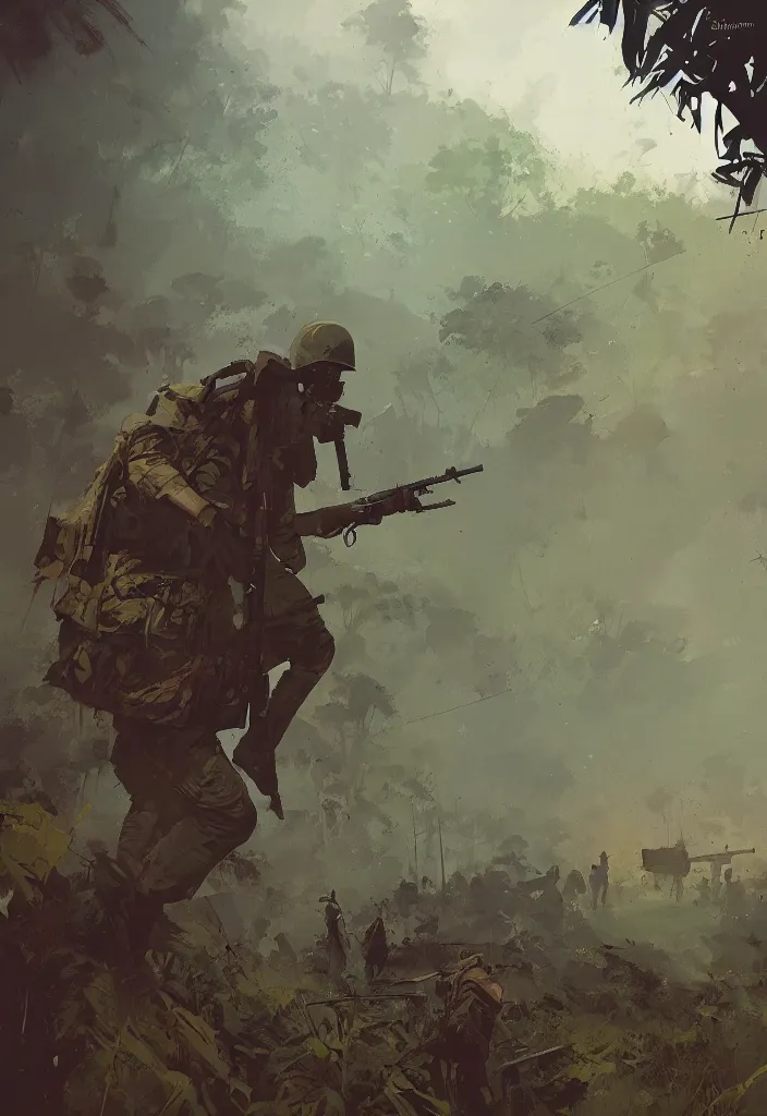 Image similar to ismail inceoglu epic painting of vietnam war, year 1 9 7 0, jungle, smoke and mist, painting, line art, art concept for a book cover, trending on artstation, by greg manchess and by craig mullins and by kilian eng and by jake parker