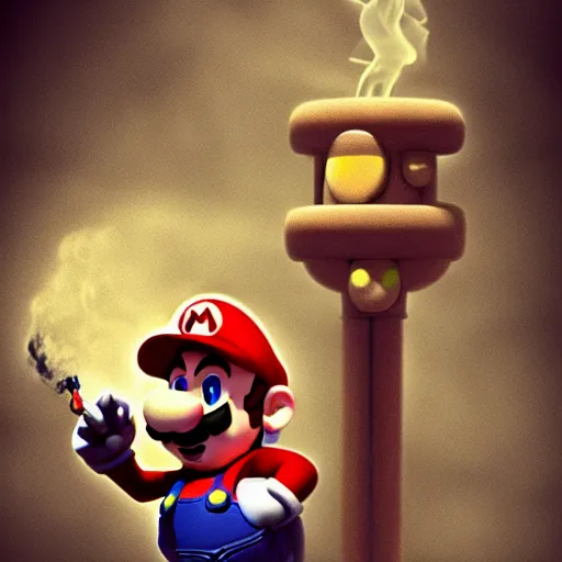 Prompt: Super Mario smoking a cigarette, dramatic moody light, 4k, trending on artstation, digital art