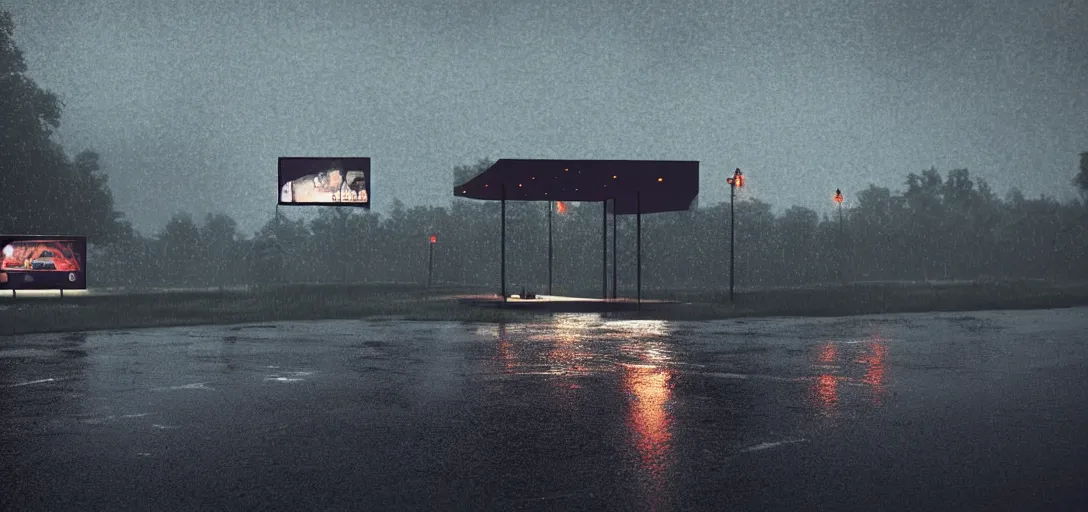 Image similar to Look of small outdoor crowdfunded drive-in cinema, rain, night, noire moody scene, digital art, 8k, moody details