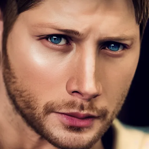 Prompt: jensen ackles as leon s. kennedy, 4 k, high detail, high - resolution photograph, professional photography, ultra - detail