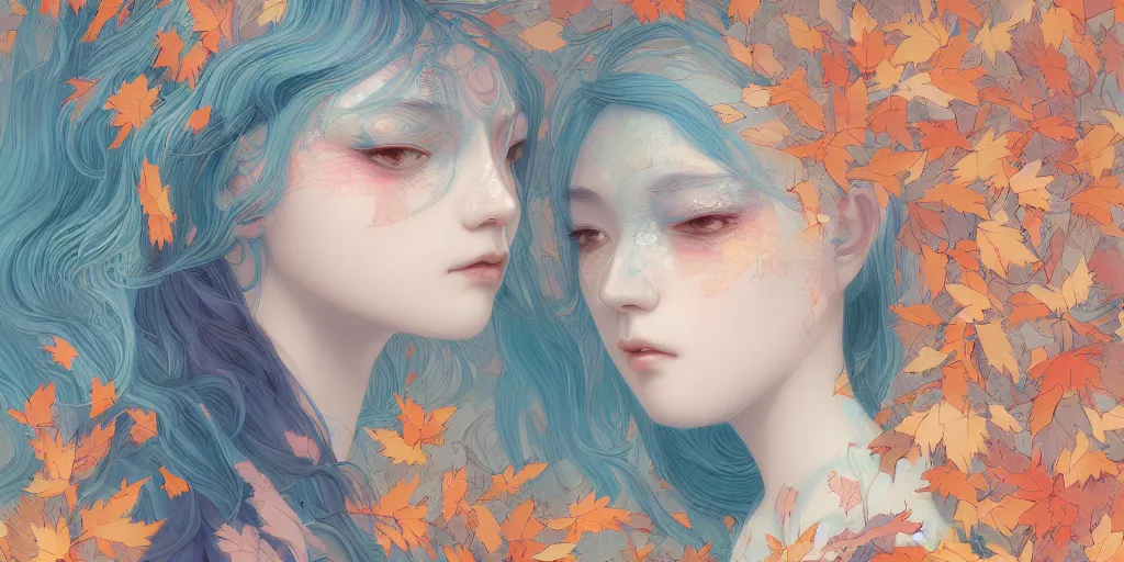 Prompt: breathtaking detailed concept art painting pattern with gradient pastel colors of blue hair faces goddesses amalgamation autumn leaves, by hsiao - ron cheng and james jean, bizarre compositions, exquisite detail, 8 k