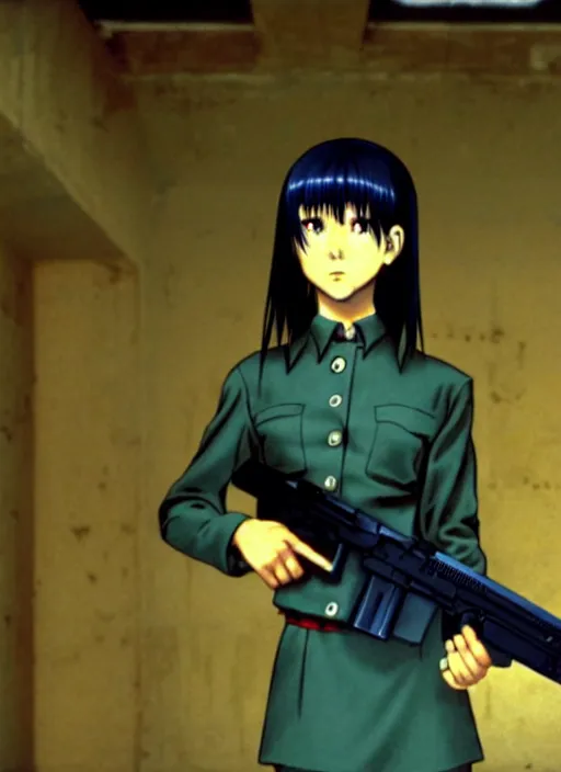 Prompt: soviet school-girl with a Turquoise hair holding an assault rifle, still from Serial Experiments Lain, high resolution