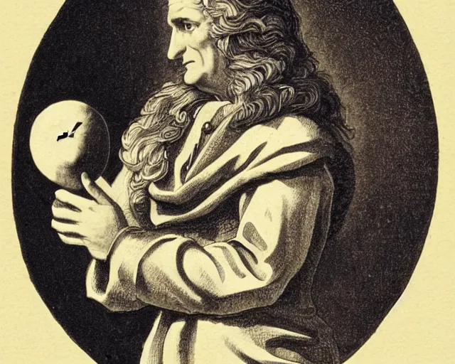 Image similar to isaac newton holding an apple in his hands and looking at the moon