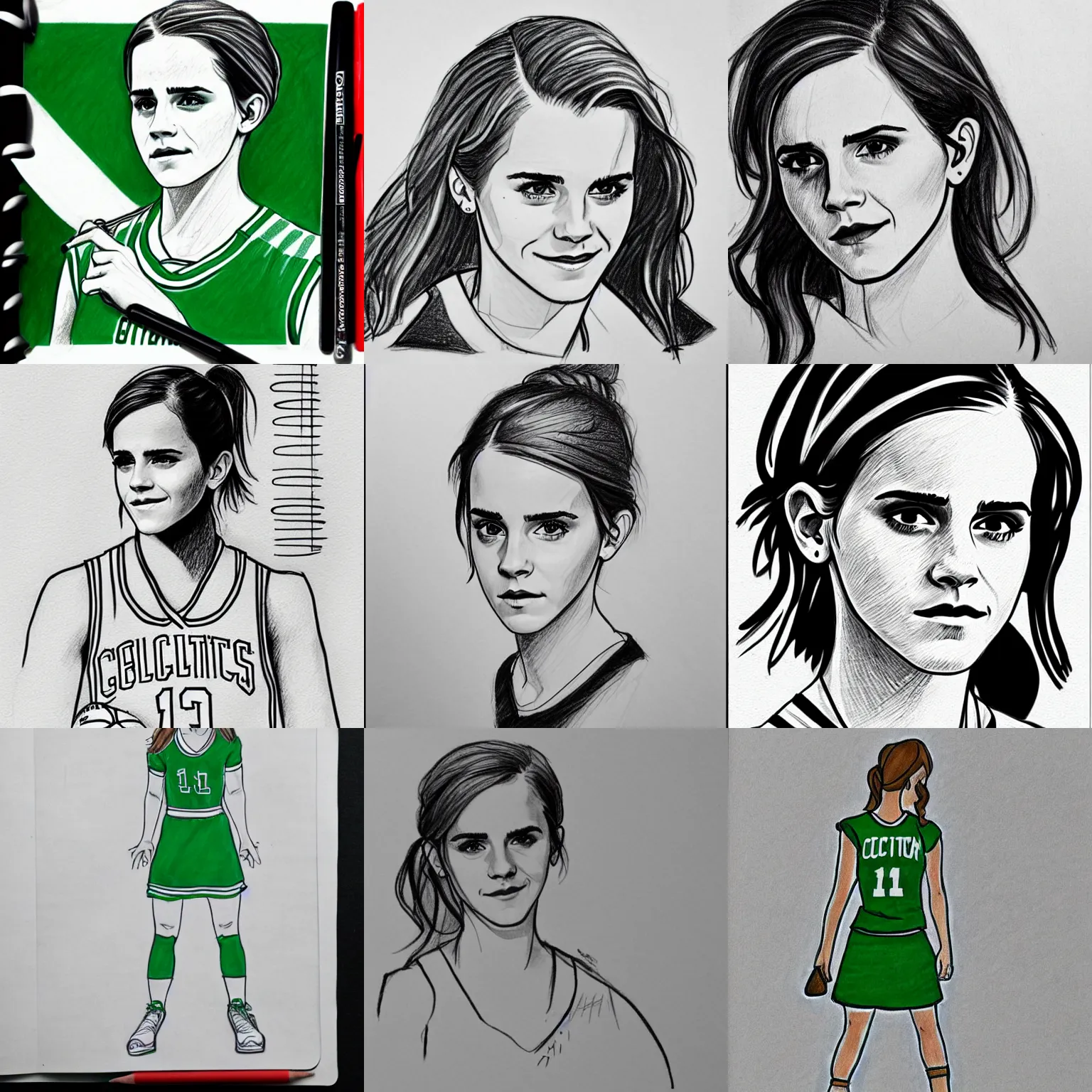 Prompt: sketch drawing, emma watson in full boston celtics garb, sharp lines, shading, lined paper, rough draft, classroom doodle