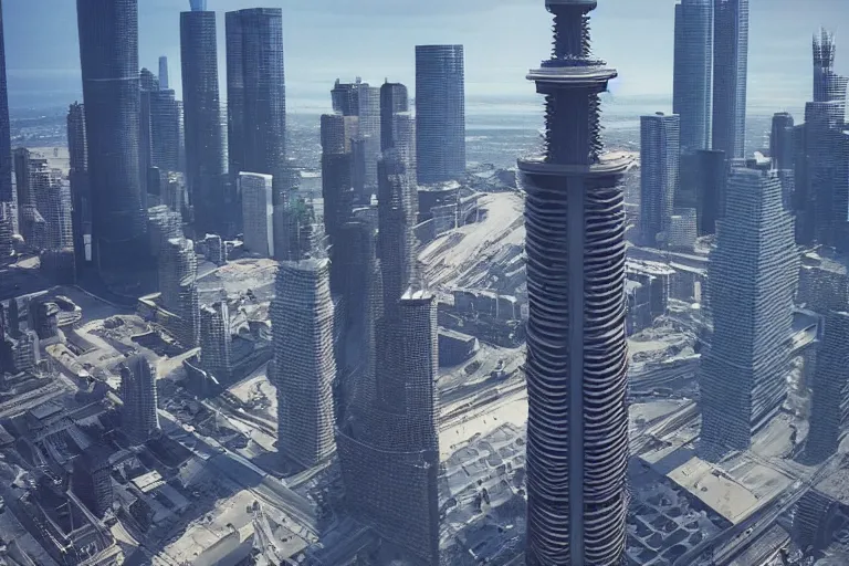 Prompt: Ominous cinestill of Gargantuan, Mastodonic, Inter-Dimensional Behemoth Entity Monster cocoon hibernating on the Toronto CN Tower, designed by Moebius, GANTZ, H.R. Giger, 2022, directed by James Cameron, denis villeneuve