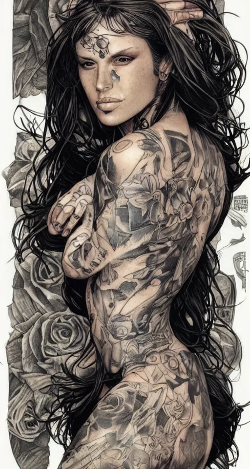 Image similar to a beautiful portrait of a woman with many tattoos, Travis Charest style