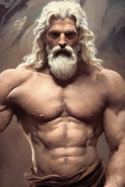 Prompt: painted portrait of rugged zeus, god of thunder, greek god, white hair, masculine, mature, handsome, upper body, imposing, muscular, hairy torso, fantasy, intricate, elegant, highly detailed, digital painting, artstation, concept art, smooth, sharp focus, illustration, art by gaston bussiere and alphonse mucha