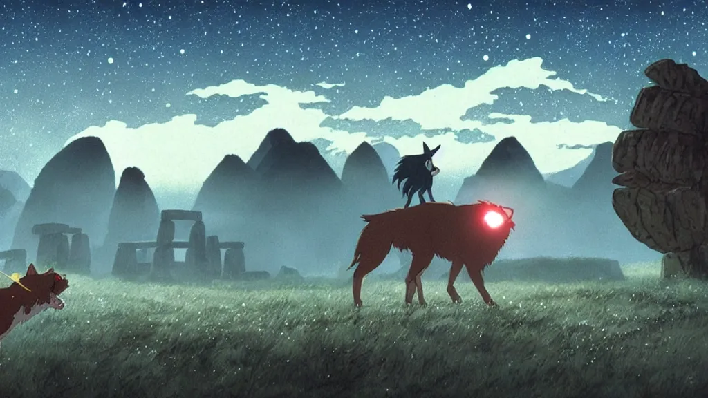 Prompt: a cell shaded cartoon movie still from princess mononoke ( 1 9 9 7 ) showing a chrome ufo over stonehenge. in the background is machu pichu on a misty and starry night. very dull muted colors, hd, 4 k, hq