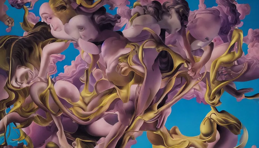 Prompt: chaotic 3 d feminine forms exploding by kaws, james jean and salvador dali and shusei nagaoka, oil on canvas, surrealism, neoclassicism, renaissance, hyper realistic, cell shaded, metallic reflections, physically based rendering, 8 k