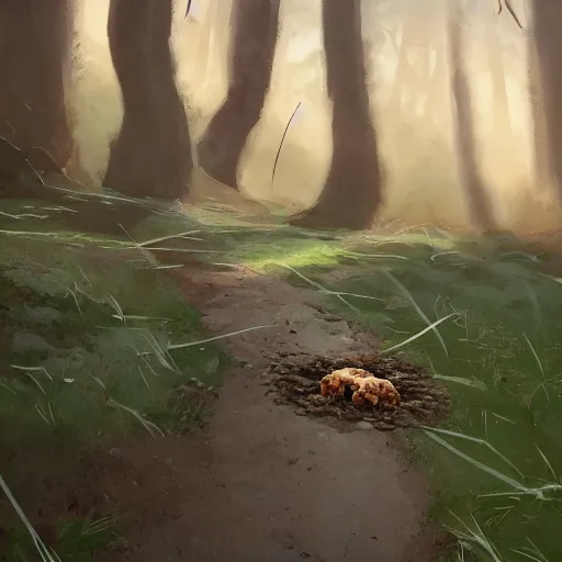 Image similar to closeup of a cow shit in the middle of the path, excrement, pinewoods, avila mountains. by craig mullins, steve purcell, ralph mcquarrie. trending on artstation. fashion, centered image