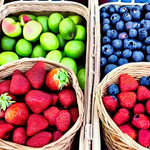 Prompt: 3 baskets filled with 3 different fruits, the left basket filled with strawberries, the middle basket filled with blueberries, the right basket filled with apples