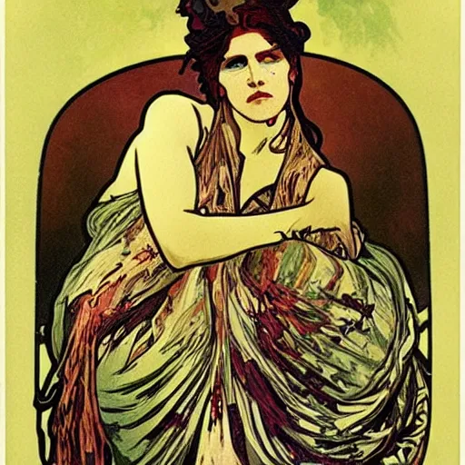 Image similar to zombie, painted by alphonse mucha