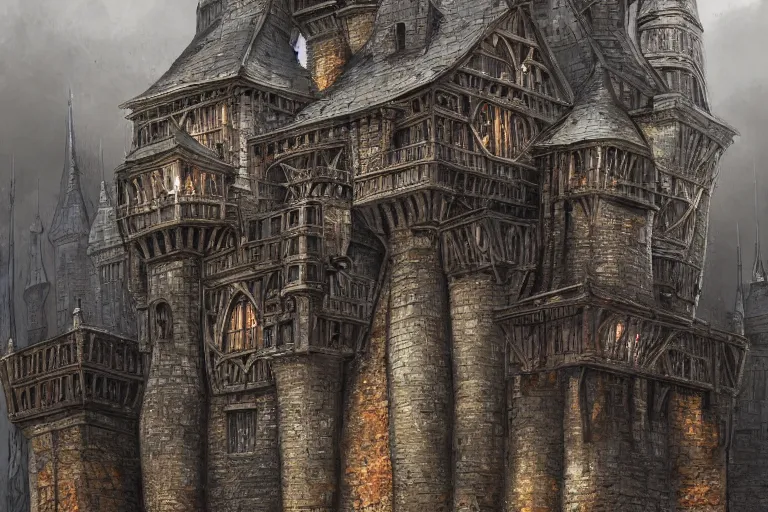 Image similar to A medieval keep, metal, iron, texture, intricate, details, highly detailed, masterpiece, architecture, building, trending on artstation, focus, sharp focus, concept art, digital painting, fantasy, D&D, tabletop, rpg, roleplay