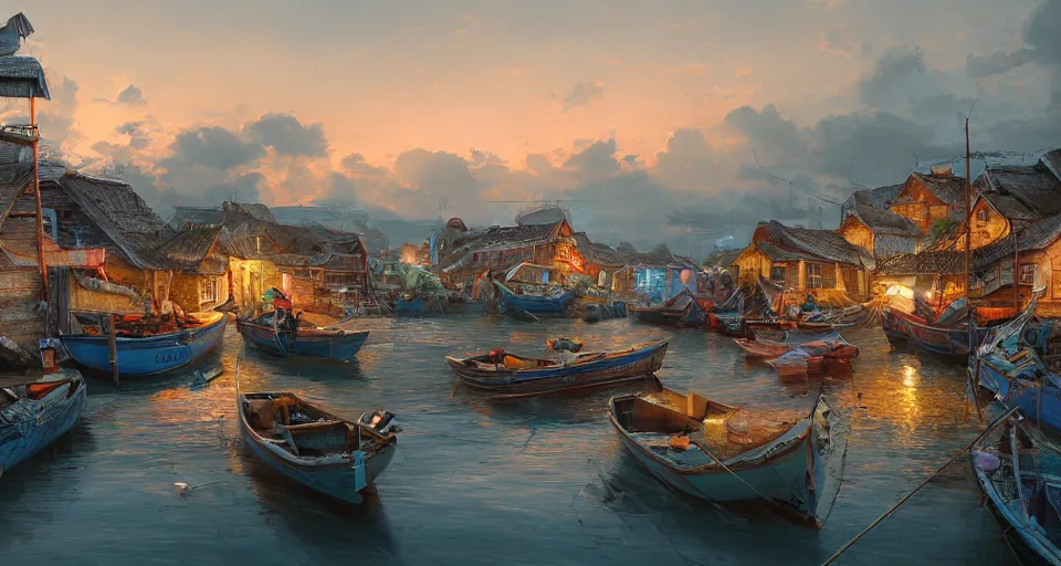 Prompt: a beautiful painting of a fishing village, gigantic, octane render, brilliantly coloured, intricate, ultra wide angle, trending on artstation, dusk, volumetric lighting, polished, micro details, ray tracing, 8k